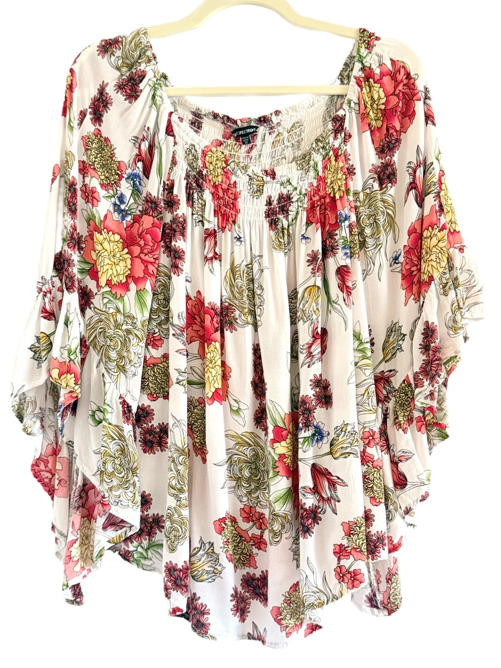 Unique Spectrum White Floral Peasant Tunic with Red & Yellow Blooms